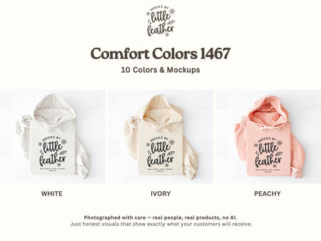 The image is a collage of three images, each depicting a different color of a "Mocks by Little Feather" hoodie. The hoodies are white, ivory, and peach in color.
