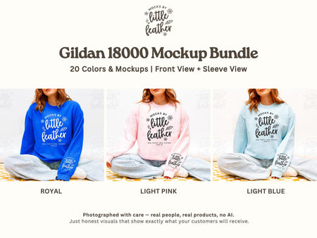 Gildan 18000 Mockup Bundle featuring 20 cozy crewneck sweater colors including Royal, Light Pink, and Light Blue.