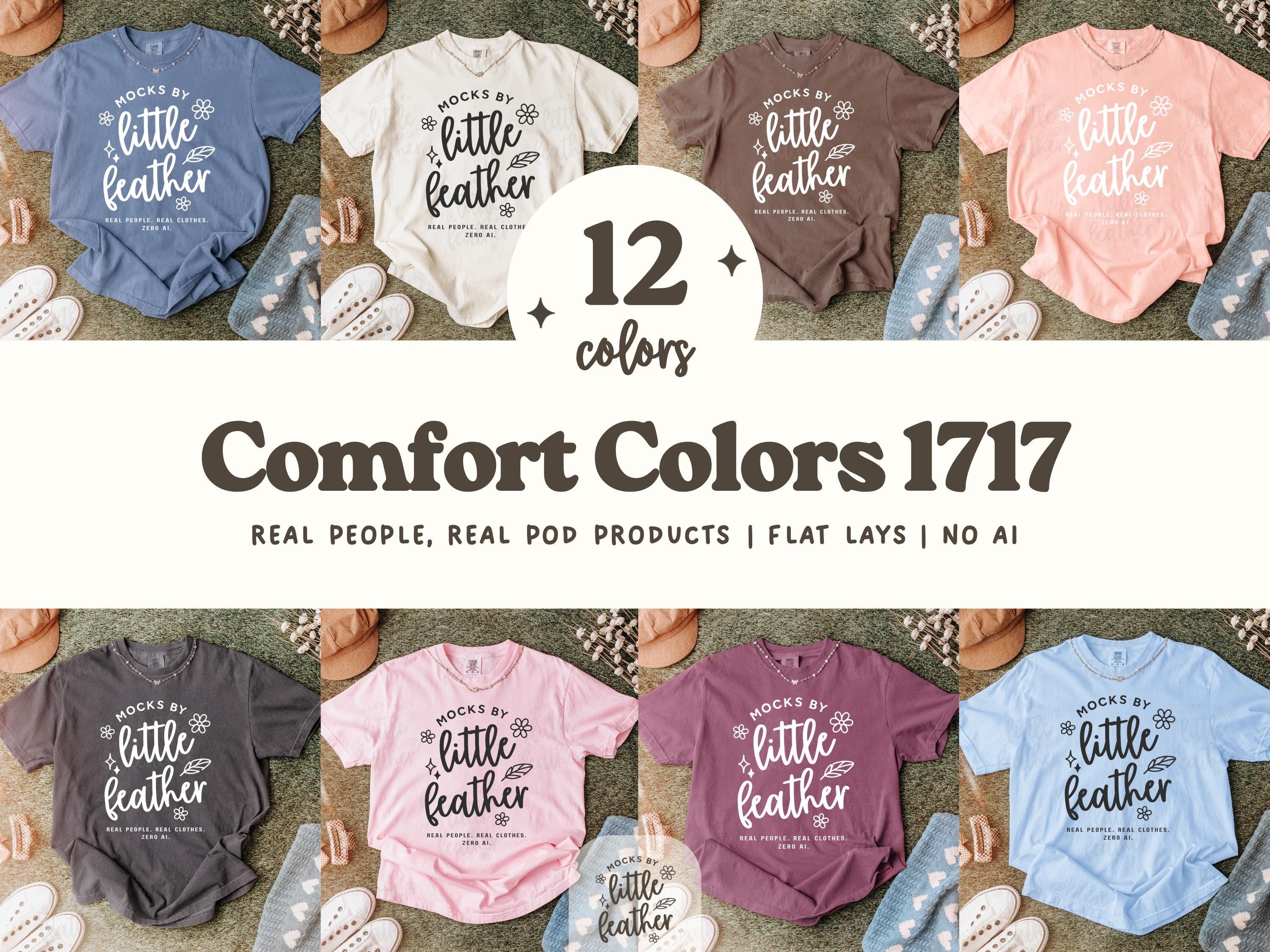 Print on Demand mockup bundle for Comfort Colors 1717. Includes 12 colors of C1717 t-shirts in flat lay mode laying on grass. Perfect for Etsy POD sellers or print-on-demand sellers who sell on Shopify and other platforms. Mock-Up Bundle of the real shirts, no ai! High-quality mock ups by MocksByLittleFeather.