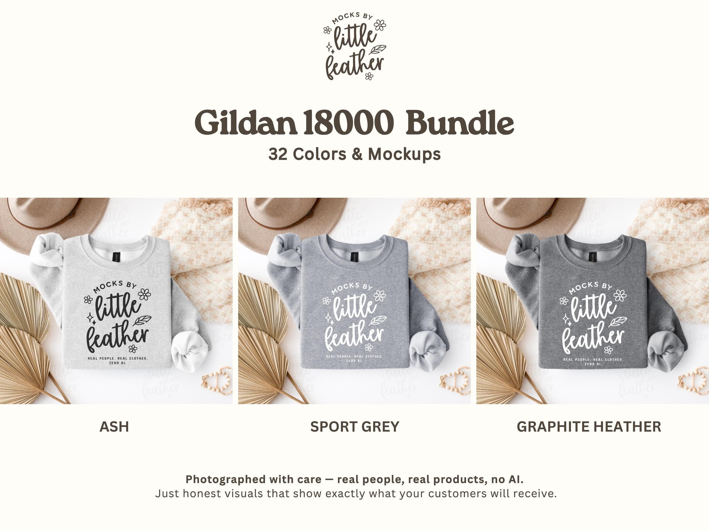 The image is a collage of three images showing different color options for a Gildan 1800 bundle, including a white shirt, a gray shirt, and a grey and white shirt.
