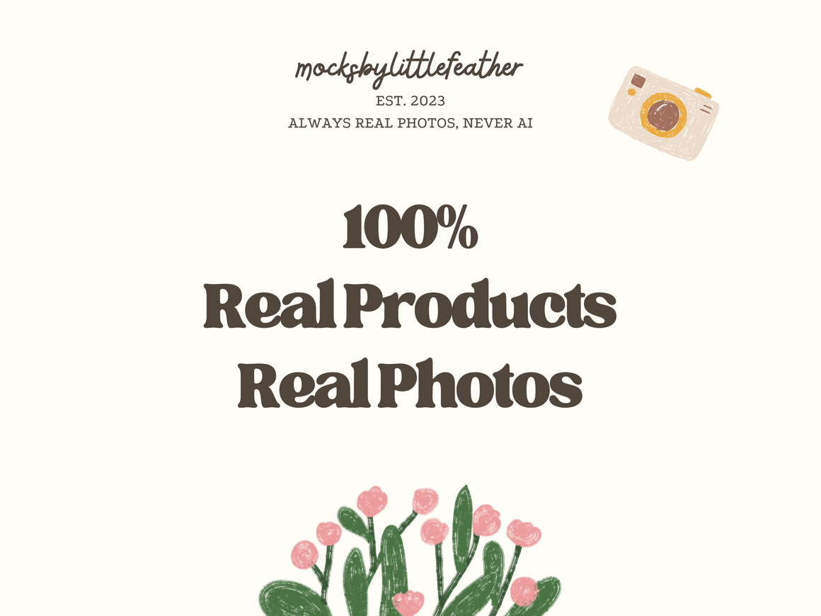 The image is a mockup of a website or advertisement for a company called "mockbylittlefeather". It features a 100% real products real photos slogan, along with a small illustration of a camera and a plant with pink flowers.