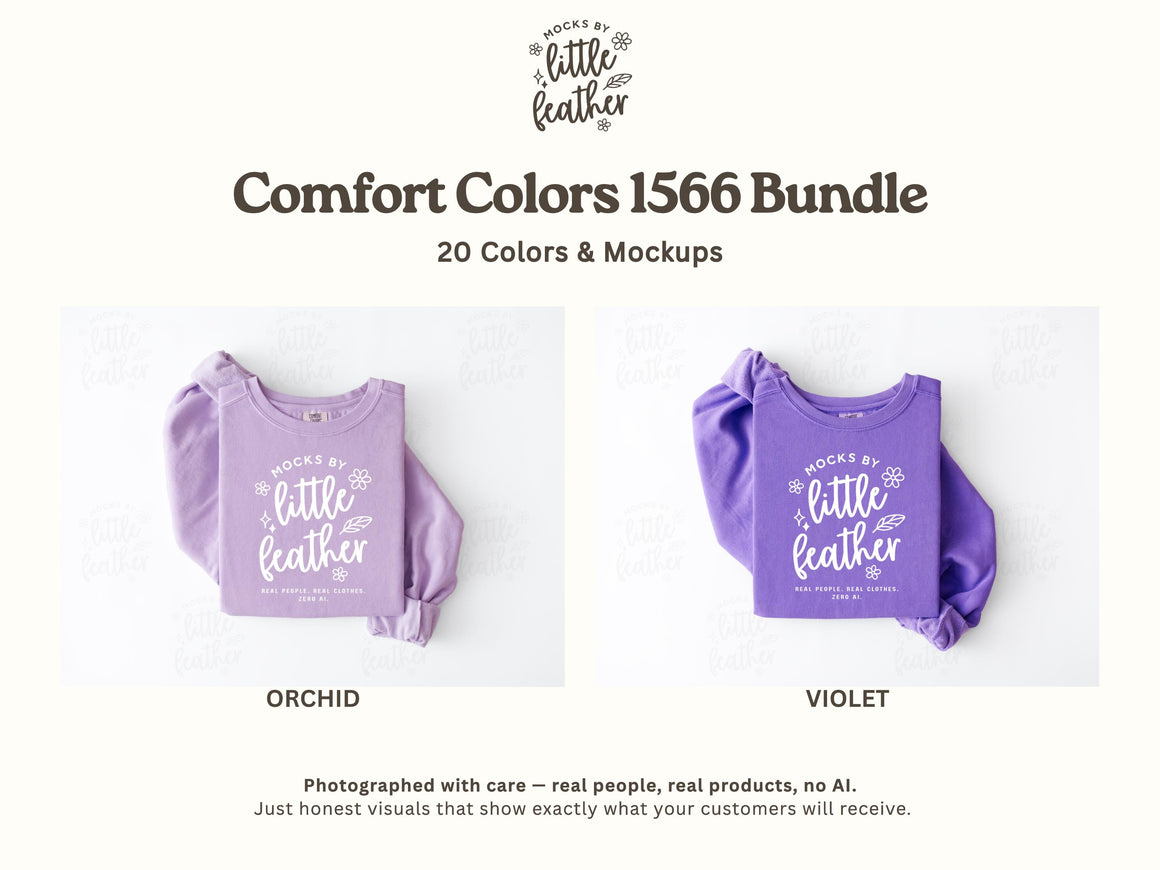 The image is a collage of two images, each featuring a purple sweater or shirt with a different color, along with text and descriptions of the colors and the products.