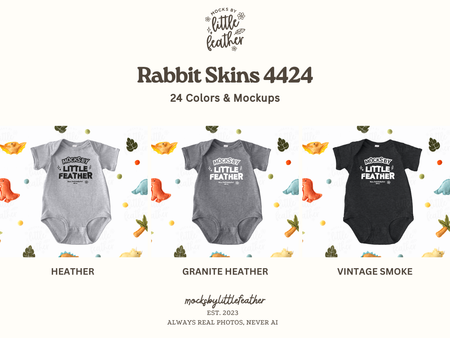 The image is a collection of three baby onesies, each with a different color and design, arranged in a row. The text above the onesies reads "Rabbit Skins 4424" and below the onesies, it says "24 Colors & Mockups". The text below the onesies says "HEATHER", "GRAINITE HEATHER", and "VINTAGE SMOKE". The text at the bottom of the image says "mockbylittleheather EST. 2013 Always Real Photos, Never Ai".