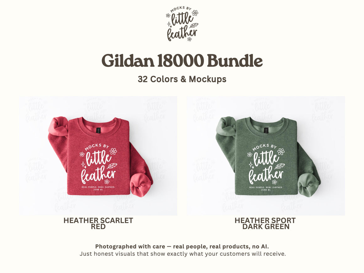 The image is a promotional image for a clothing bundle featuring two different styles of shirts, one red and one green, with text describing the bundle and the colors.