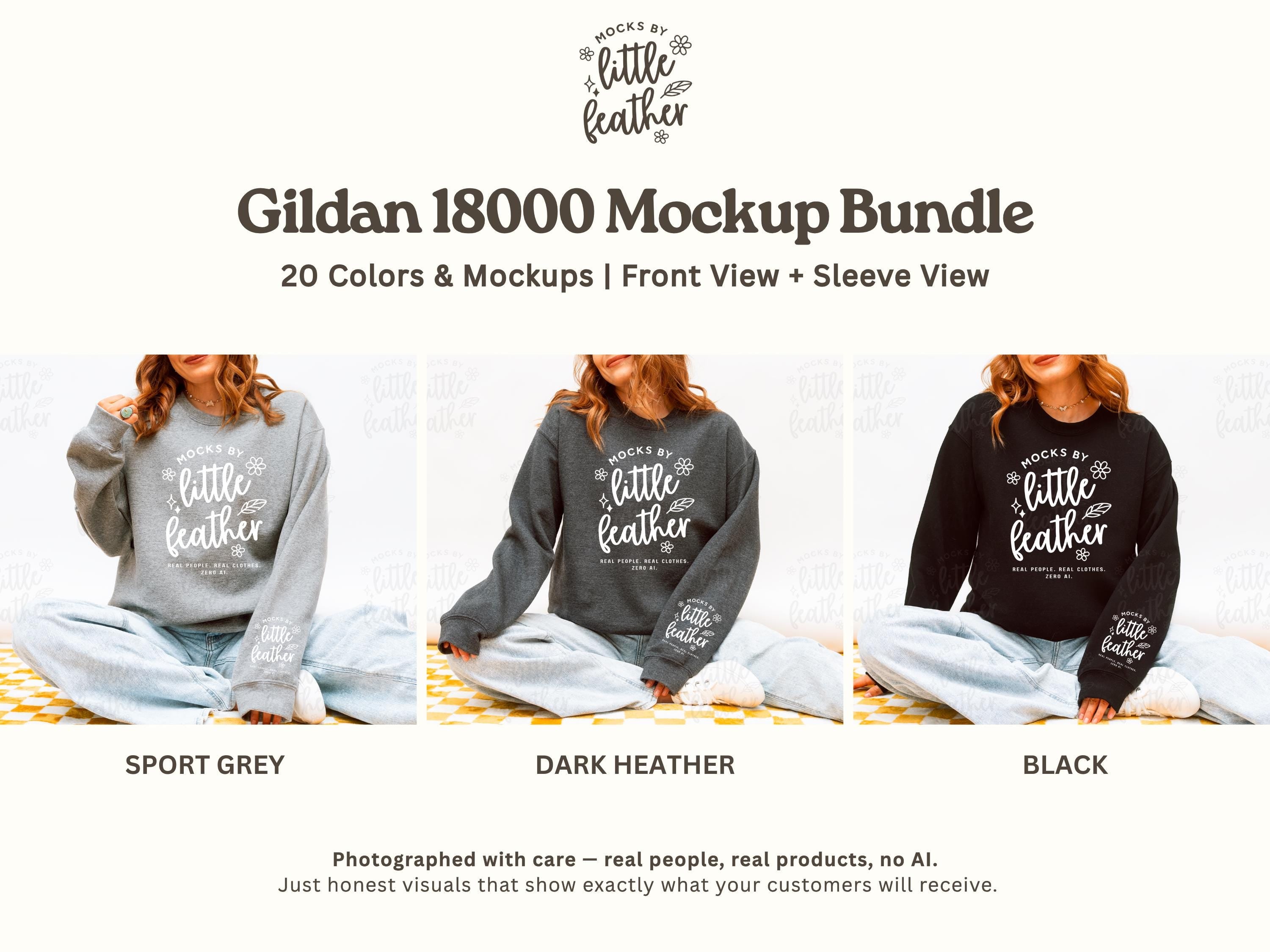 Gildan 18000 Mockup Bundle featuring 20 cozy crewneck sweater colors, including Sport Grey, Dark Heather, and Black. Each mockup includes a clean sleeve mockup and front view, making it perfect for sweatshirt mockup needs on Etsy. Designed in a bright studio using a real model, with absolutely no AI. These high-quality Mockup Bundle images by MocksByLittleFeather are ideal for sellers who want simple, trendy, scroll-stopping visuals for showcasing their sleeve and chest designs.