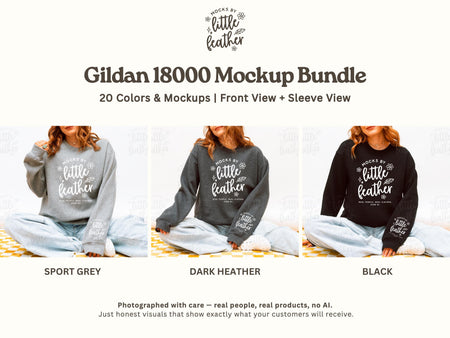 Gildan 18000 Mockup Bundle featuring 20 cozy crewneck sweater colors, including Sport Grey, Dark Heather, and Black. Each mockup includes a clean sleeve mockup and front view, making it perfect for sweatshirt mockup needs on Etsy. Designed in a bright studio using a real model, with absolutely no AI. These high-quality Mockup Bundle images by MocksByLittleFeather are ideal for sellers who want simple, trendy, scroll-stopping visuals for showcasing their sleeve and chest designs.