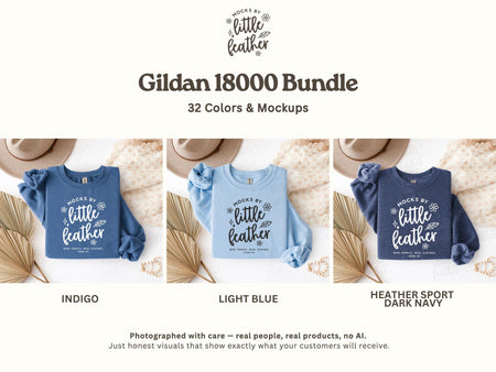 The image is a collage of three images featuring different colored t-shirts with the text "MOCKS BY LITTLE FEATHER" printed on them. The t-shirts are displayed on a white background, along with hats and other accessories.