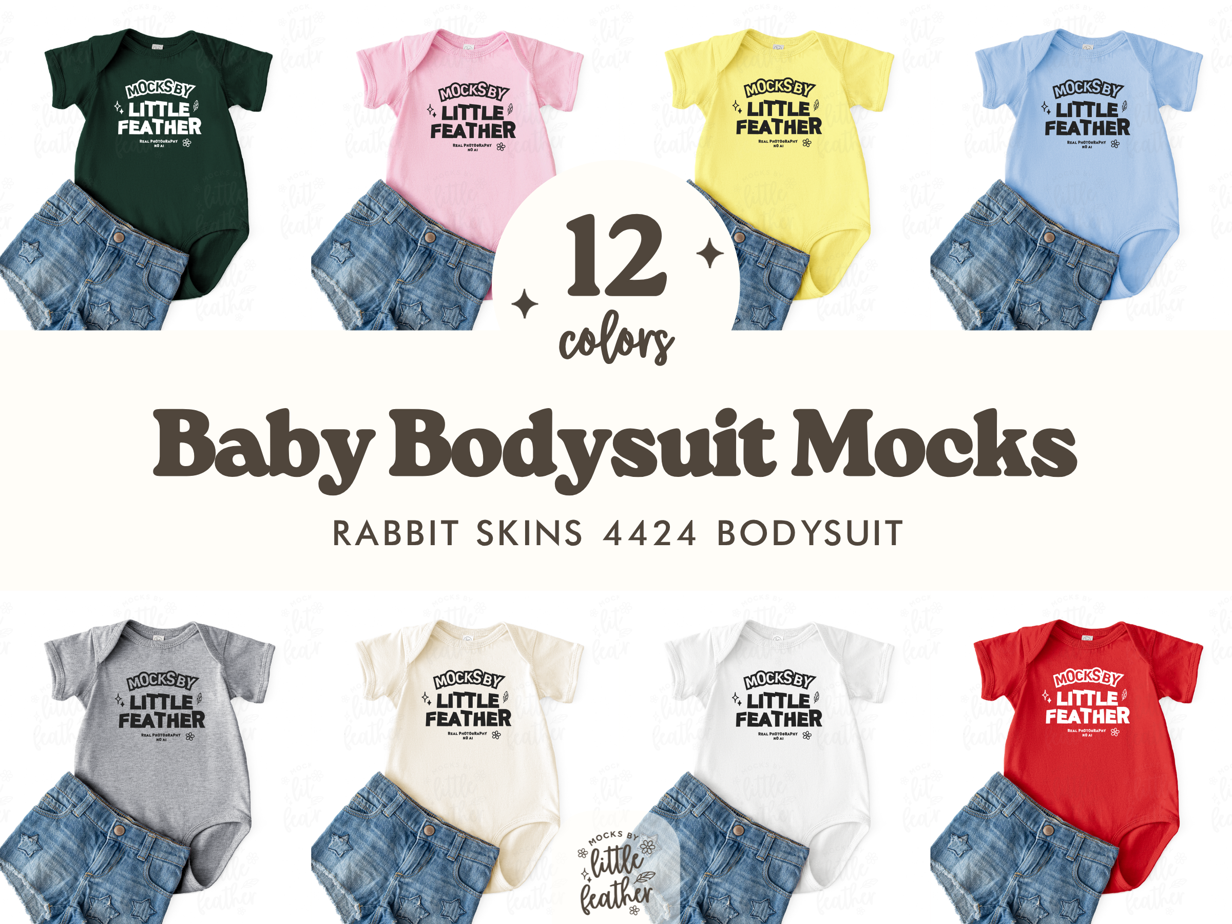 The image is a collage of 12 different baby bodysuits in various colors, including black, pink, yellow, blue, and red, along with matching denim shorts.