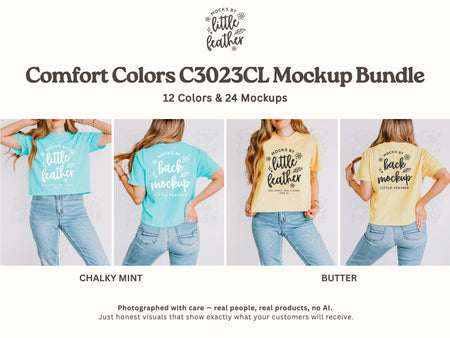 Boxy crop T-shirt mockups on model, mint and buttery yellow short sleeves