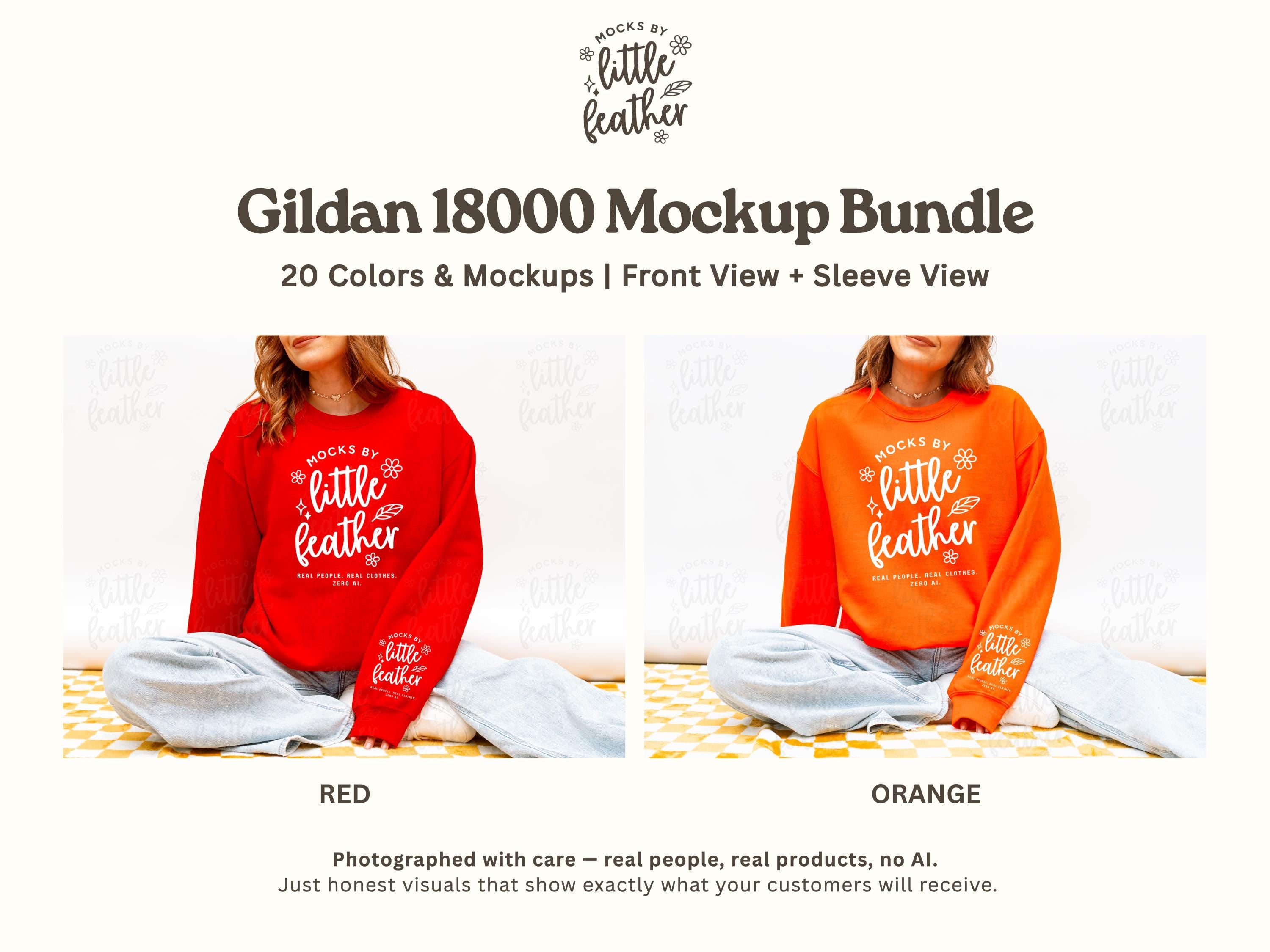 Gildan 18000 Mockup Bundle featuring 20 cozy crewneck sweater colors including Red and Orange