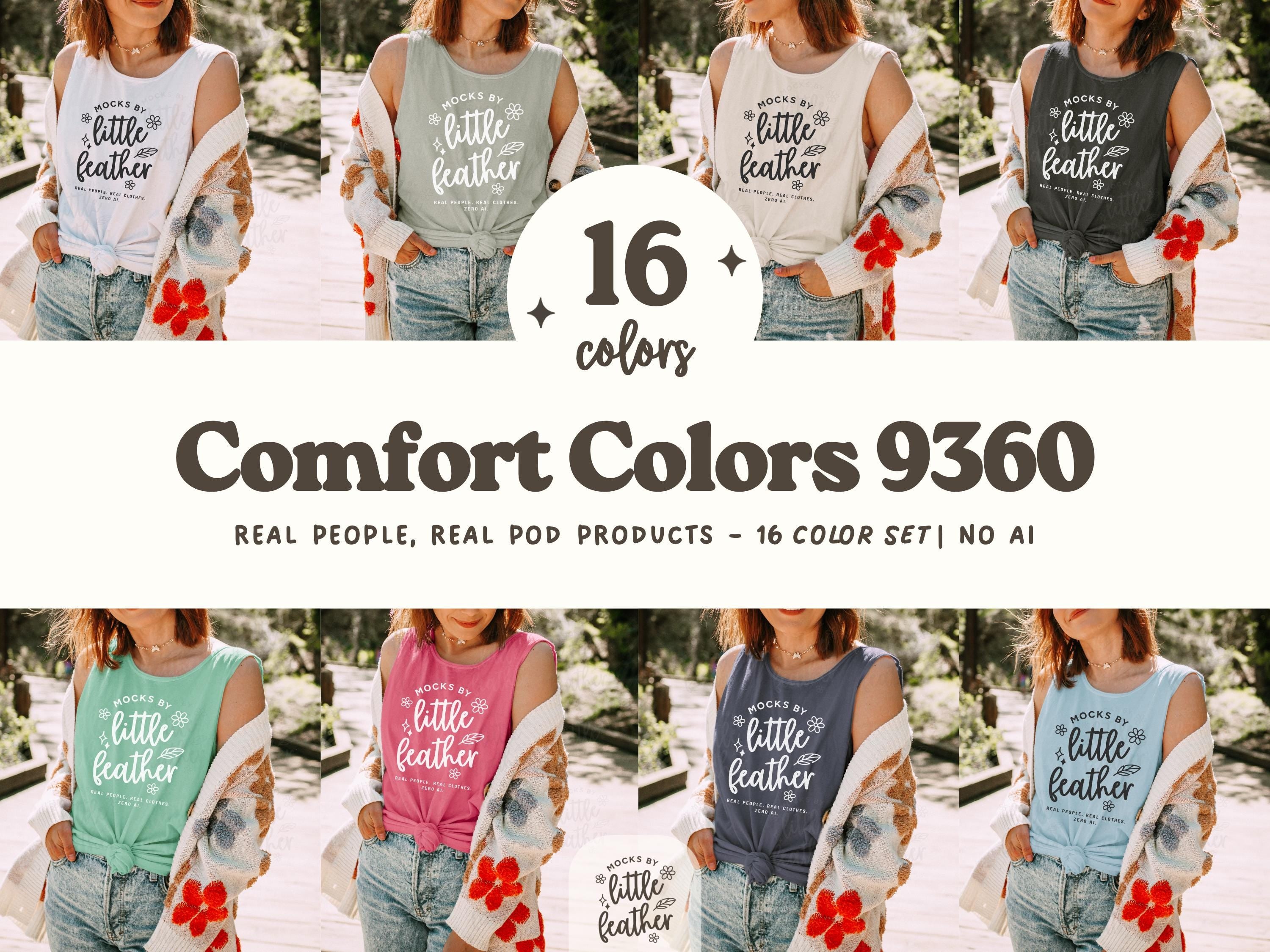 Comfort Colors 9360 tank top mockup bundle featuring 16 trendy and aesthetic C9360 mockups in various colors, modeled outdoors by a real person (no AI) wearing denim and a floral cardigan. This CC 9360 Comfort Colors mockup set by MocksByLittleFeather is perfect for Etsy sellers and print-on-demand shops looking for stylish, natural-light lifestyle photos to showcase POD tank designs.