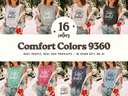 Comfort Colors 9360 tank top mockup bundle featuring 16 trendy and aesthetic C9360 mockups in various colors, modeled outdoors by a real person (no AI) wearing denim and a floral cardigan. This CC 9360 Comfort Colors mockup set by MocksByLittleFeather is perfect for Etsy sellers and print-on-demand shops looking for stylish, natural-light lifestyle photos to showcase POD tank designs.
