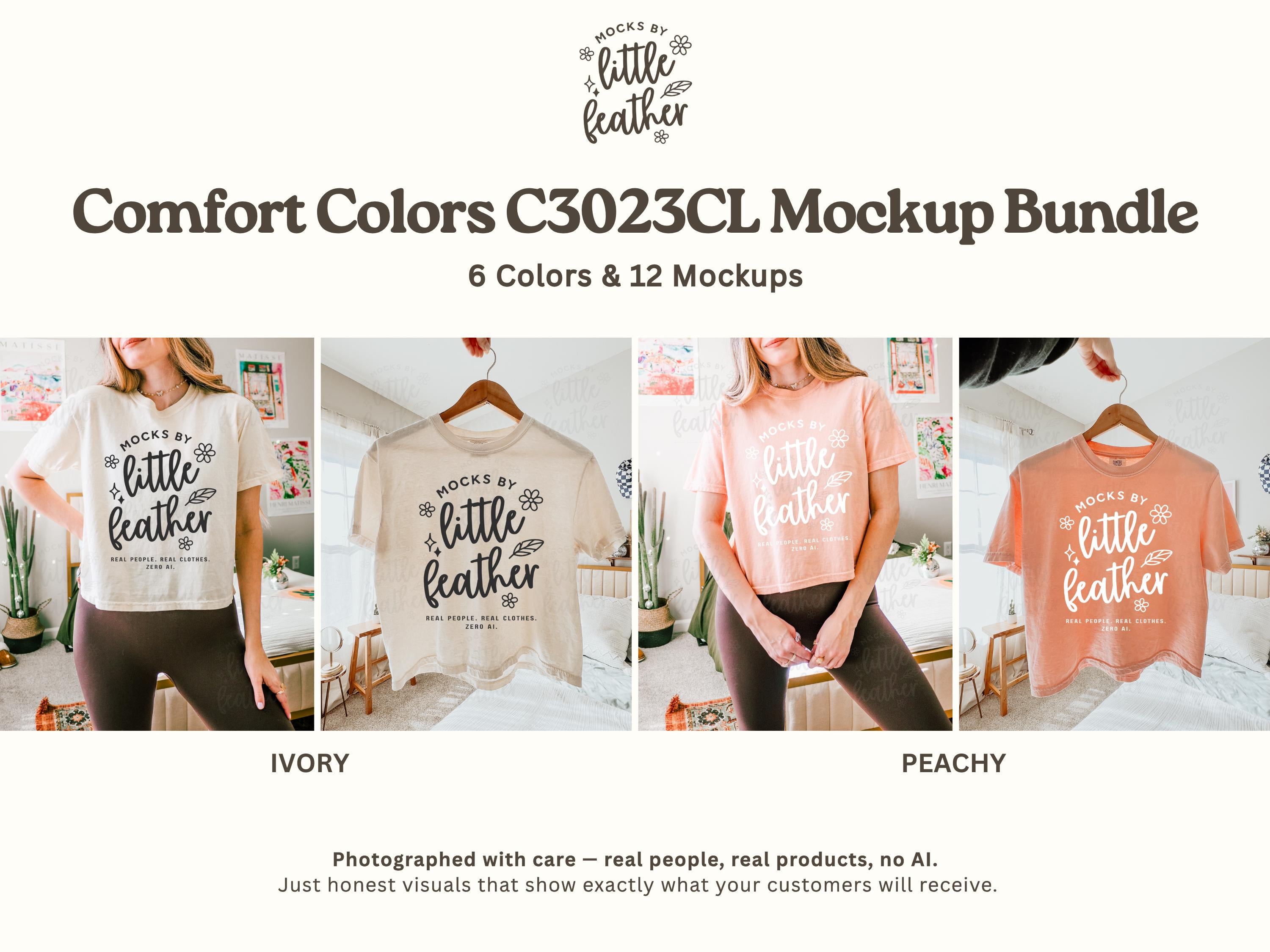 Boxy crop T-shirt mockups on hangers in ivory and peachy