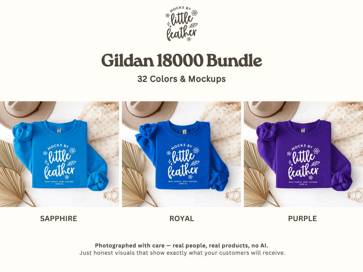The image is a collage of three images showing different color variations of a Gildan 1800 bundle, which includes 32 colors and mockups.