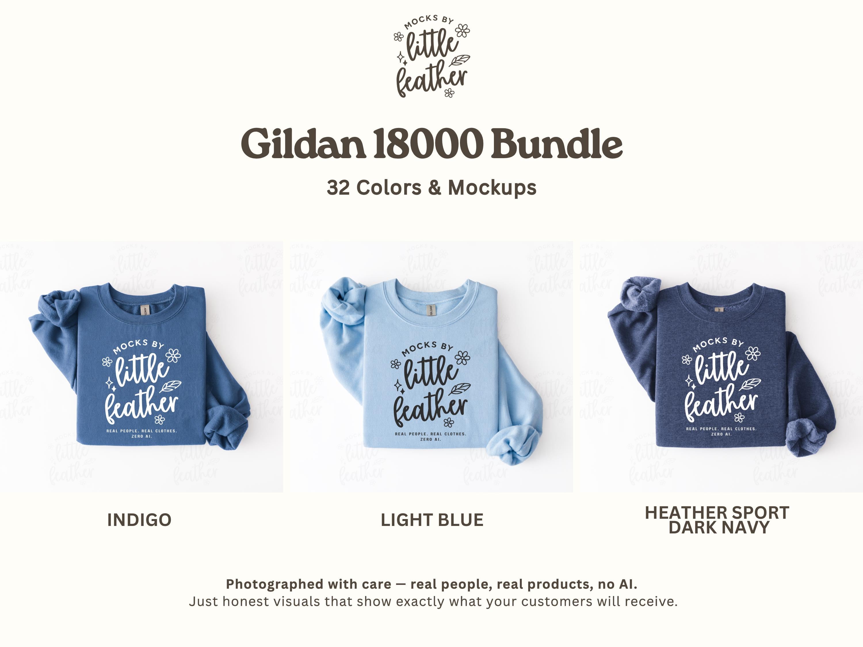The image is a promotional image for a Gildan 1800 Bundle, which includes 32 different colors and mockups of the shirts. The shirts are displayed in three different color variations: indigo, light blue, and Heather sport dark navy. The image also includes text that describes the product as photographed with care, real people, real products, no AI, and honest visuals that show exactly what your customers will receive.