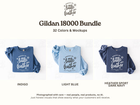The image is a promotional image for a Gildan 1800 Bundle, which includes 32 different colors and mockups of the shirts. The shirts are displayed in three different color variations: indigo, light blue, and Heather sport dark navy. The image also includes text that describes the product as photographed with care, real people, real products, no AI, and honest visuals that show exactly what your customers will receive.