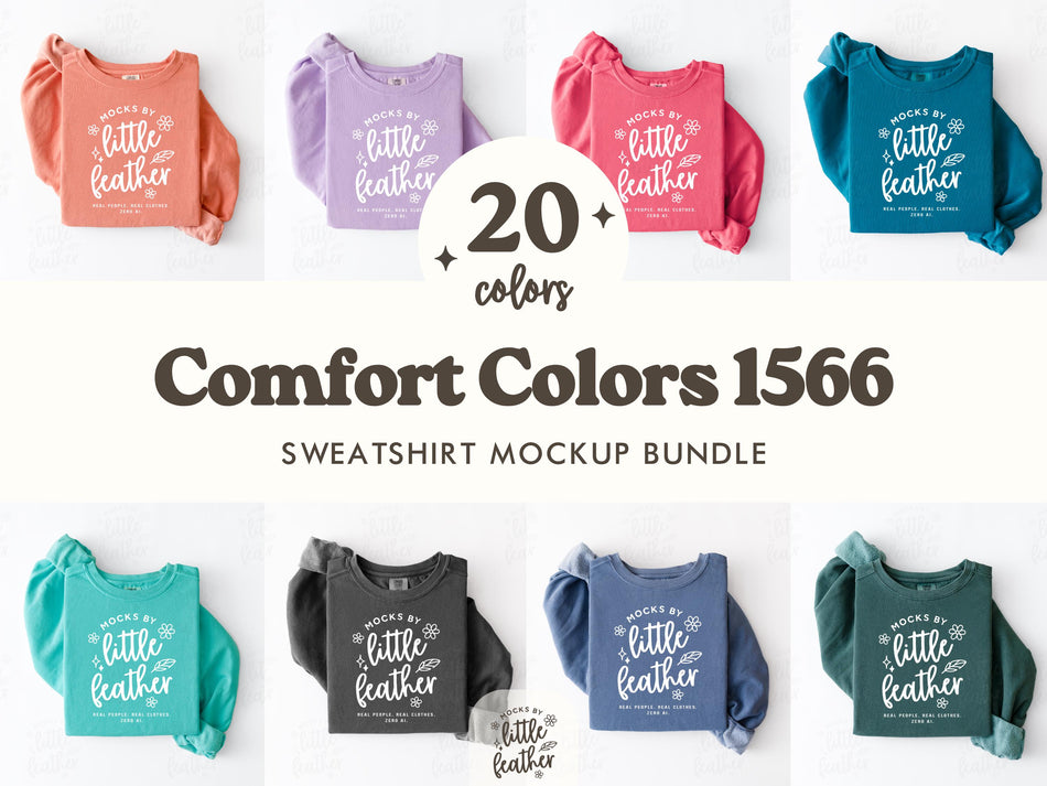 Folded sweatshirt mockup bundle showing multiple printed fronts in 20 colors