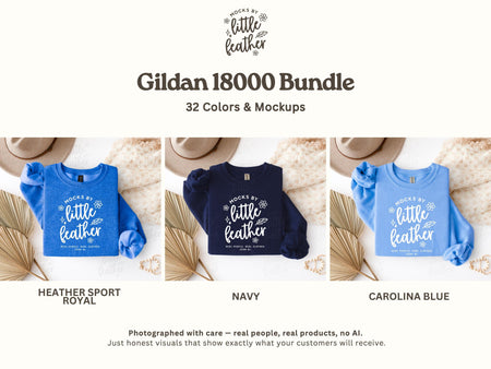 The image is a collage of three images showing different color variations of a garment, specifically a Gildan 1800 bundle, with text providing information about the colors and mockups.