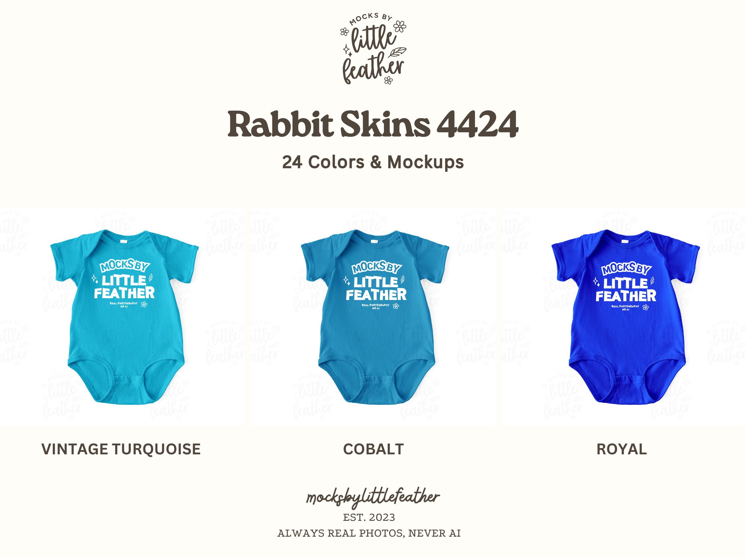 three baby onesies in different colors: turquoise, cobalt, and royal. The text above the onesies reads "Rabbit Skins 4424" and below the onesies, it says "24 Colors & Mockups".