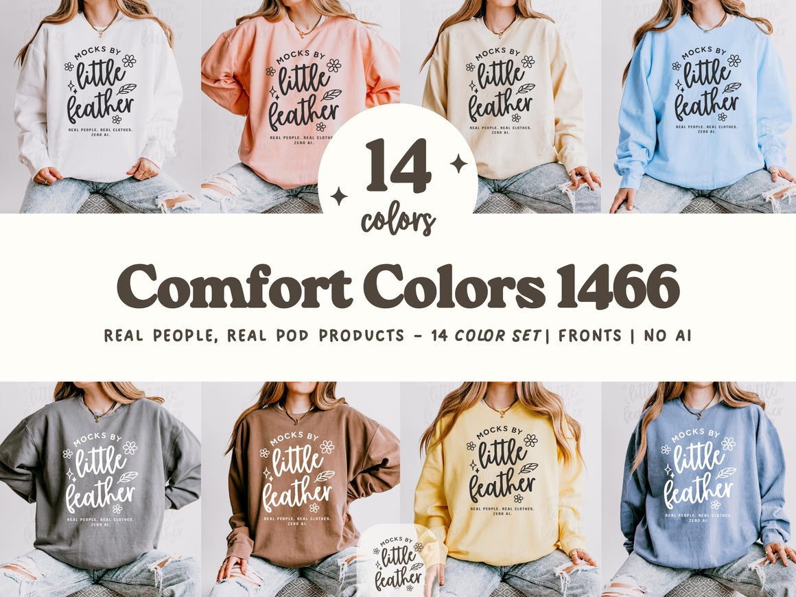 Comfort Colors 1466 sweatshirt mockup bundle featuring 14 real-person, front-facing sweater mockups. Showcasing the C1466 crewneck in a trendy, cozy, and aesthetic style with a relaxed fit. Includes a variety of popular Comfort Colors shades, perfect for Etsy, POD, and print-on-demand shops. Real products, no AI—part of the MocksByLittleFeather collection.