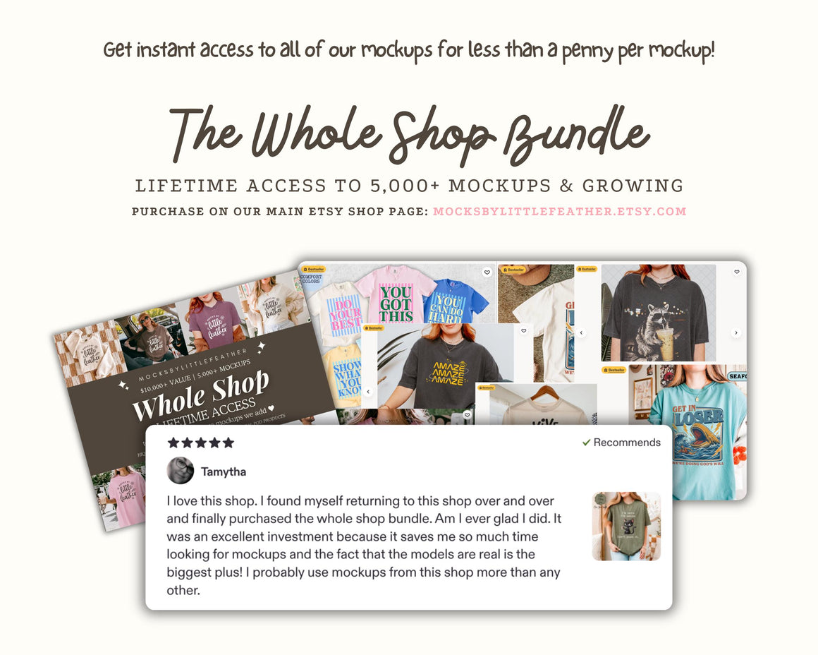 Boxy crop tee mockup banner with The Whole Shop bundle page preview