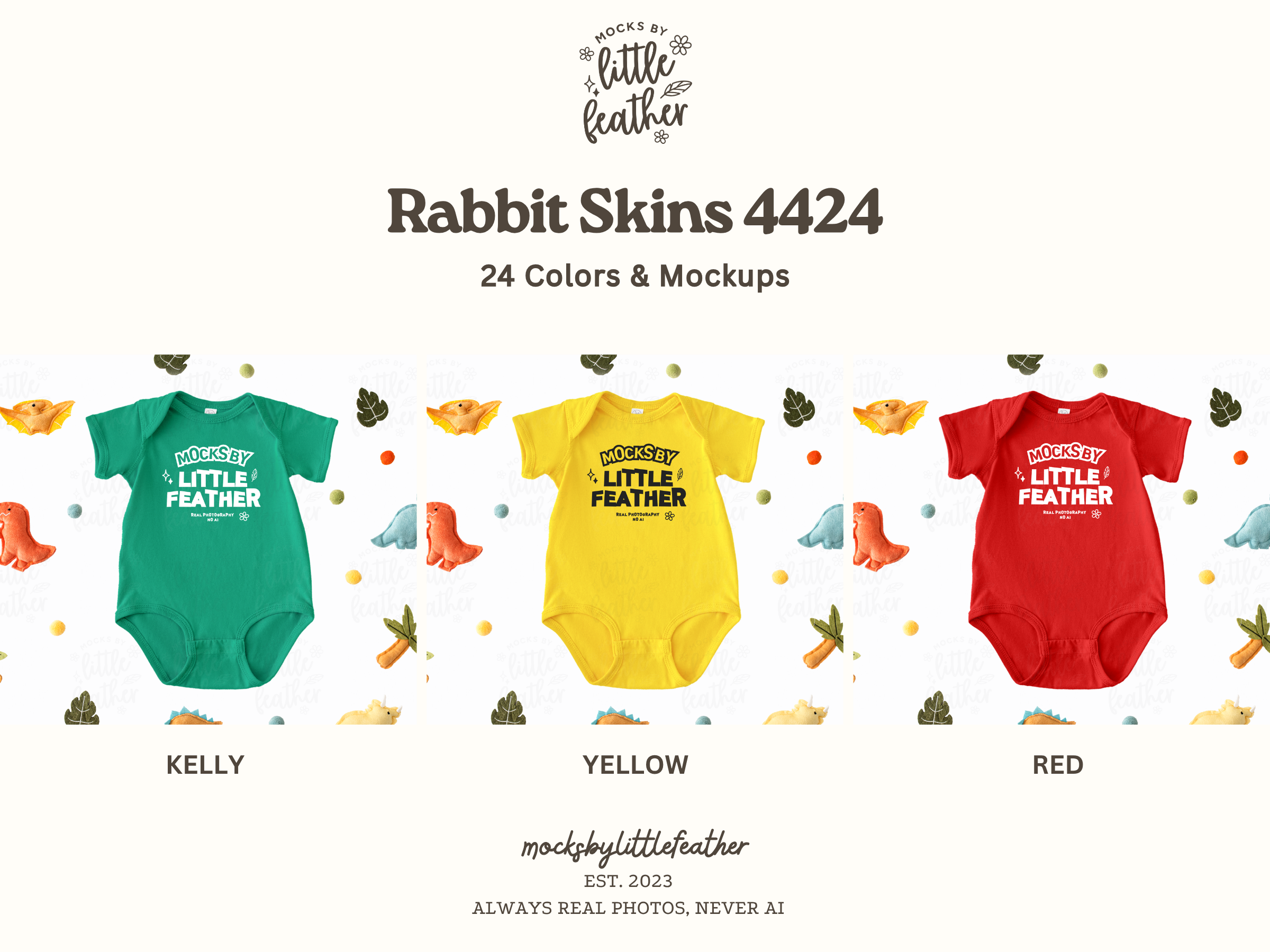 The image is a collection of baby onesies in various colors, including green, yellow, and red, arranged in a row.