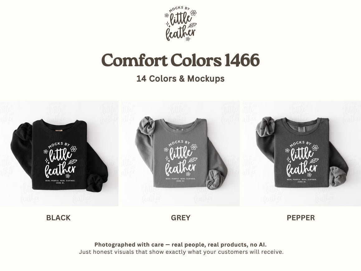 The image is a mockup of 14 different colors and mockups of a black, grey, and pepper-colored shirt.