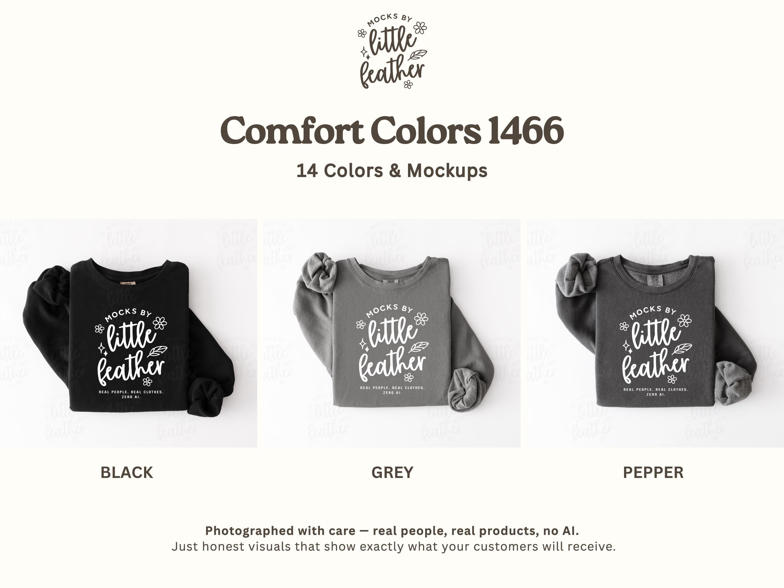 The image is a mockup of 14 different colors and mockups of a black, grey, and pepper-colored shirt.