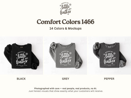 The image is a mockup of 14 different colors and mockups of a black, grey, and pepper-colored shirt.