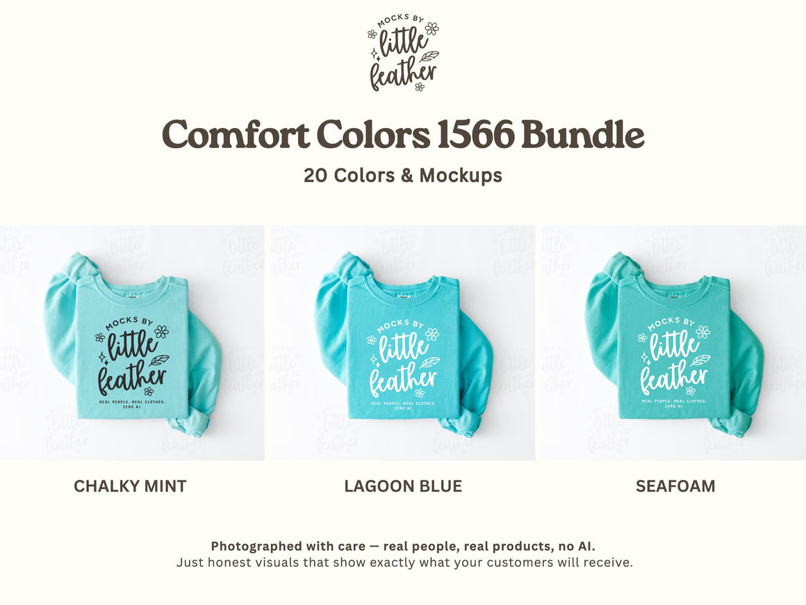 The image is a collage of three images showing different teal-colored tops, each with a caption describing the color and the type of top.