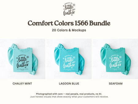 The image is a collage of three images showing different teal-colored tops, each with a caption describing the color and the type of top.