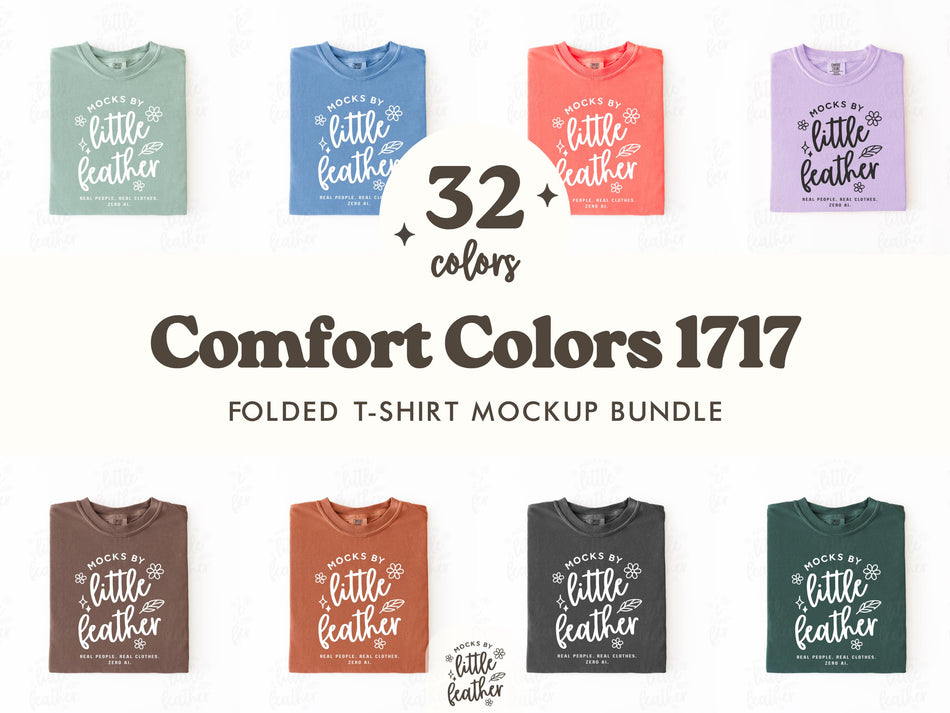 Folded t-shirt mockup bundle showing multiple shirt colors in a flat lay