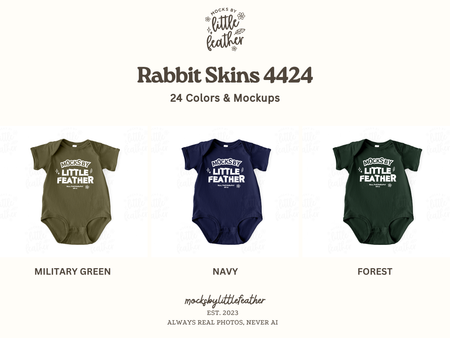 three baby onesies in different colors: olive green, navy blue, and forest green. The onesies have the text "MOCKBY LITTLE FATHER" printed on them.