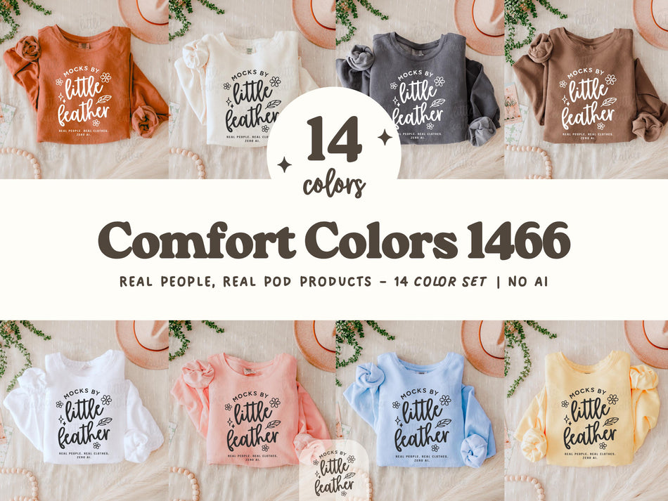 Crewneck sweatshirts, folded flat, shown in several colors with front print