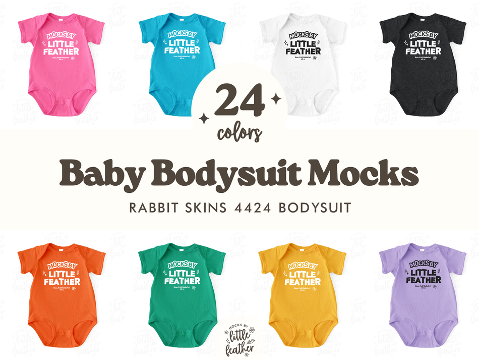 a collection of baby bodysuits in various colors, including pink, blue, white, black, and purple.