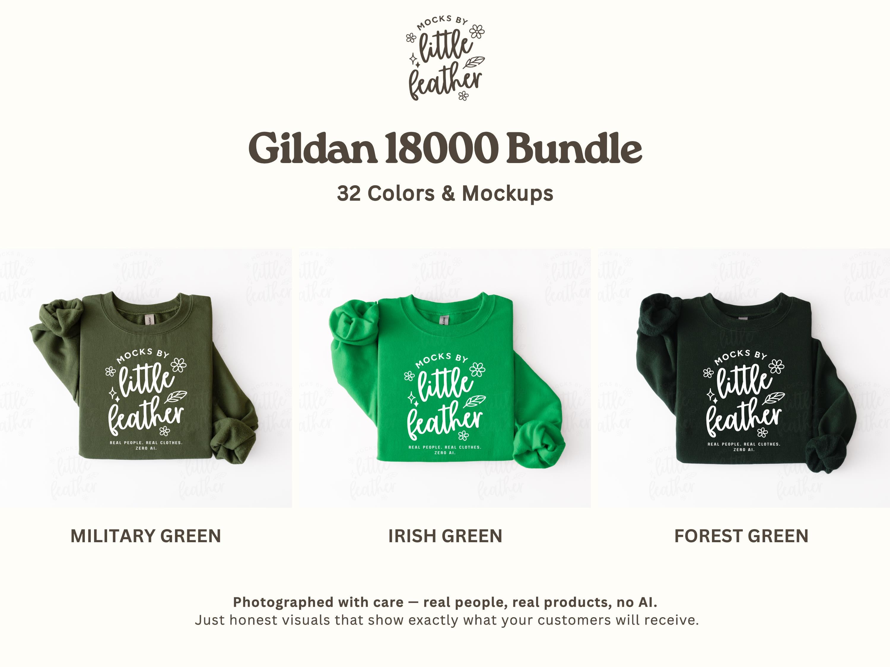 The image is a collage of three different color and mockup variations of a Gildan 1800 bundle, which includes 32 colors and mockups.