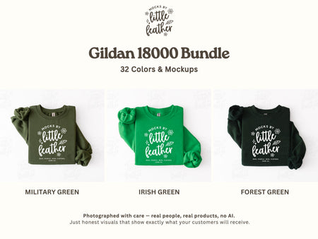 The image is a collage of three different color and mockup variations of a Gildan 1800 bundle, which includes 32 colors and mockups.