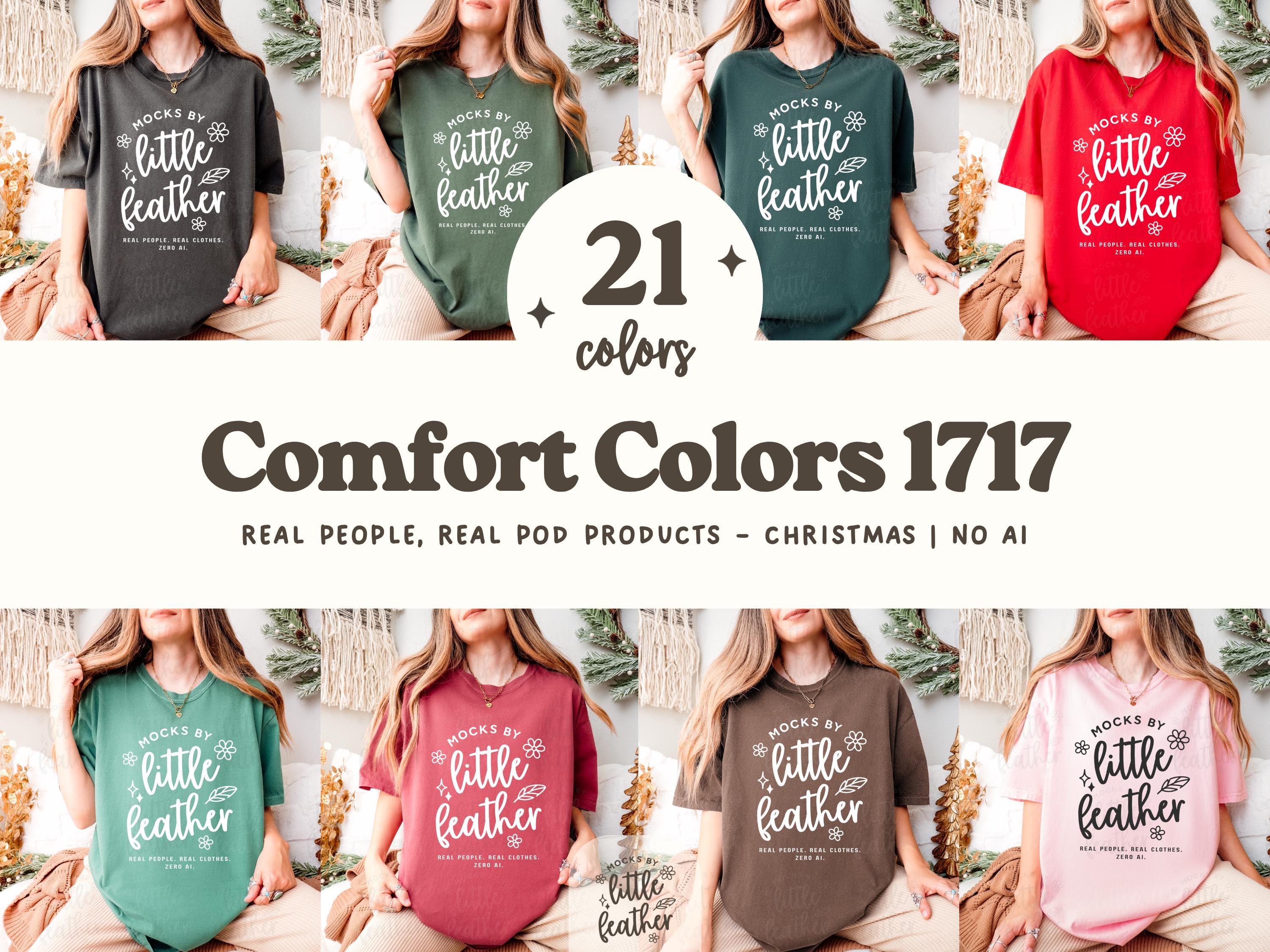 Comfort Colors 1717 T-shirt Mockup Bundle in Christmas Themed Decor perfect for print on demand sellers holiday designs. Cozy, winter vibes. High-Quality mockups produced by MocksByLittleFeather. Real Model, Real Human, Real POD Products, No Ai.