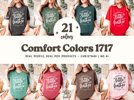 Comfort Colors 1717 T-shirt Mockup Bundle in Christmas Themed Decor perfect for print on demand sellers holiday designs. Cozy, winter vibes. High-Quality mockups produced by MocksByLittleFeather. Real Model, Real Human, Real POD Products, No Ai.