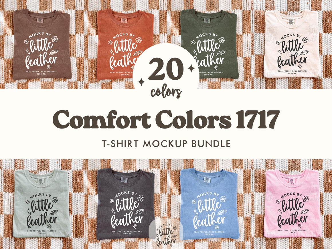 comfort colors 1717 flat lay folded mockup bundle in 20 popular C1717 colors. Real mockups, no Ai. Made by MocksByLittleFeather.