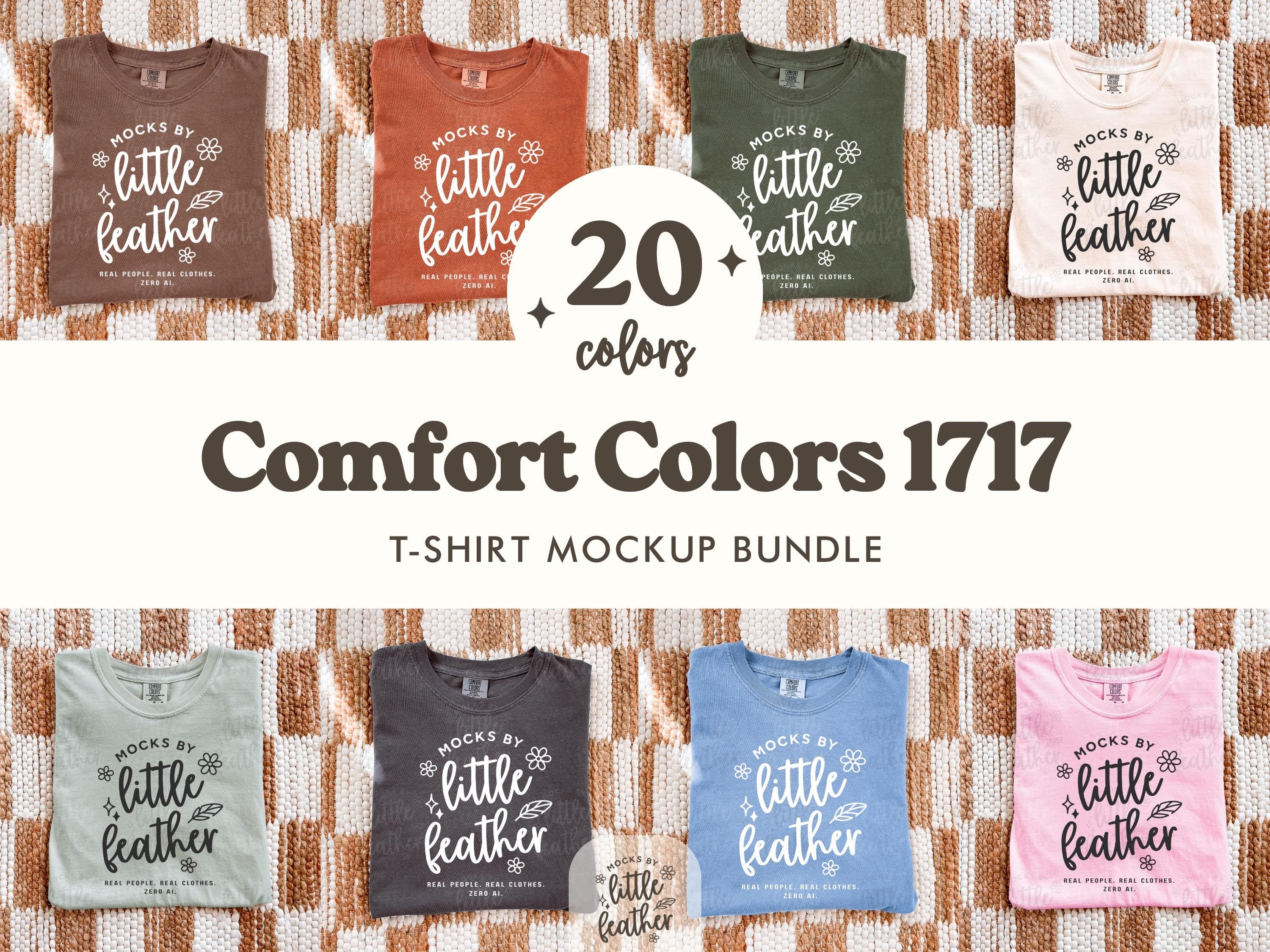 comfort colors 1717 flat lay folded mockup bundle in 20 popular C1717 colors. Real mockups, no Ai. Made by MocksByLittleFeather.