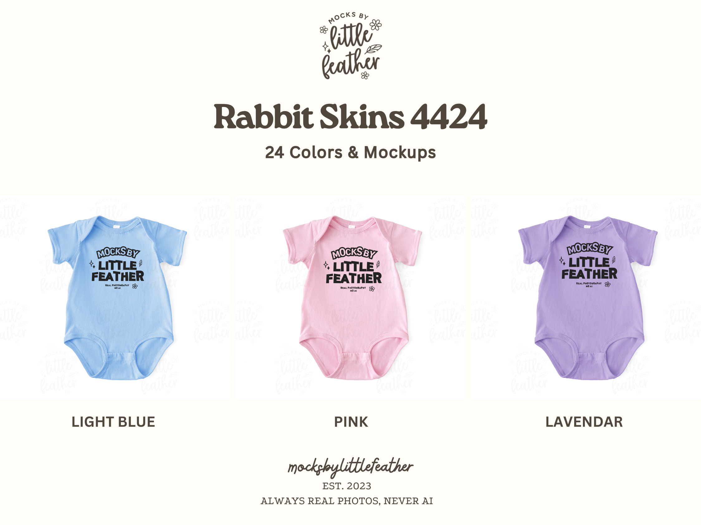 three baby onesies in different colors: light blue, pink, and lavender.