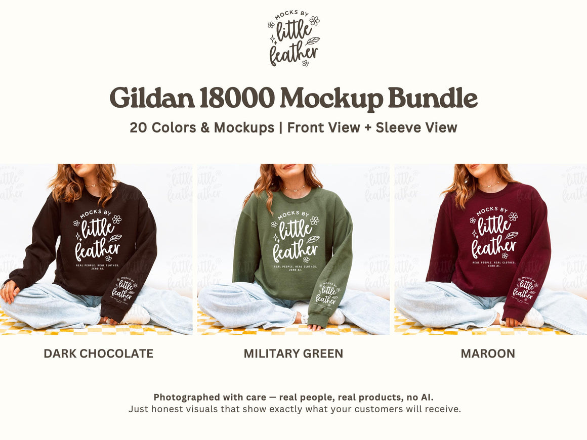Gildan 18000 Mockup Bundle featuring 20 cozy crewneck sweater colors including Dark Chocolate, Military Green, and Maroon.