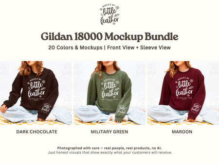Gildan 18000 Mockup Bundle featuring 20 cozy crewneck sweater colors including Dark Chocolate, Military Green, and Maroon.