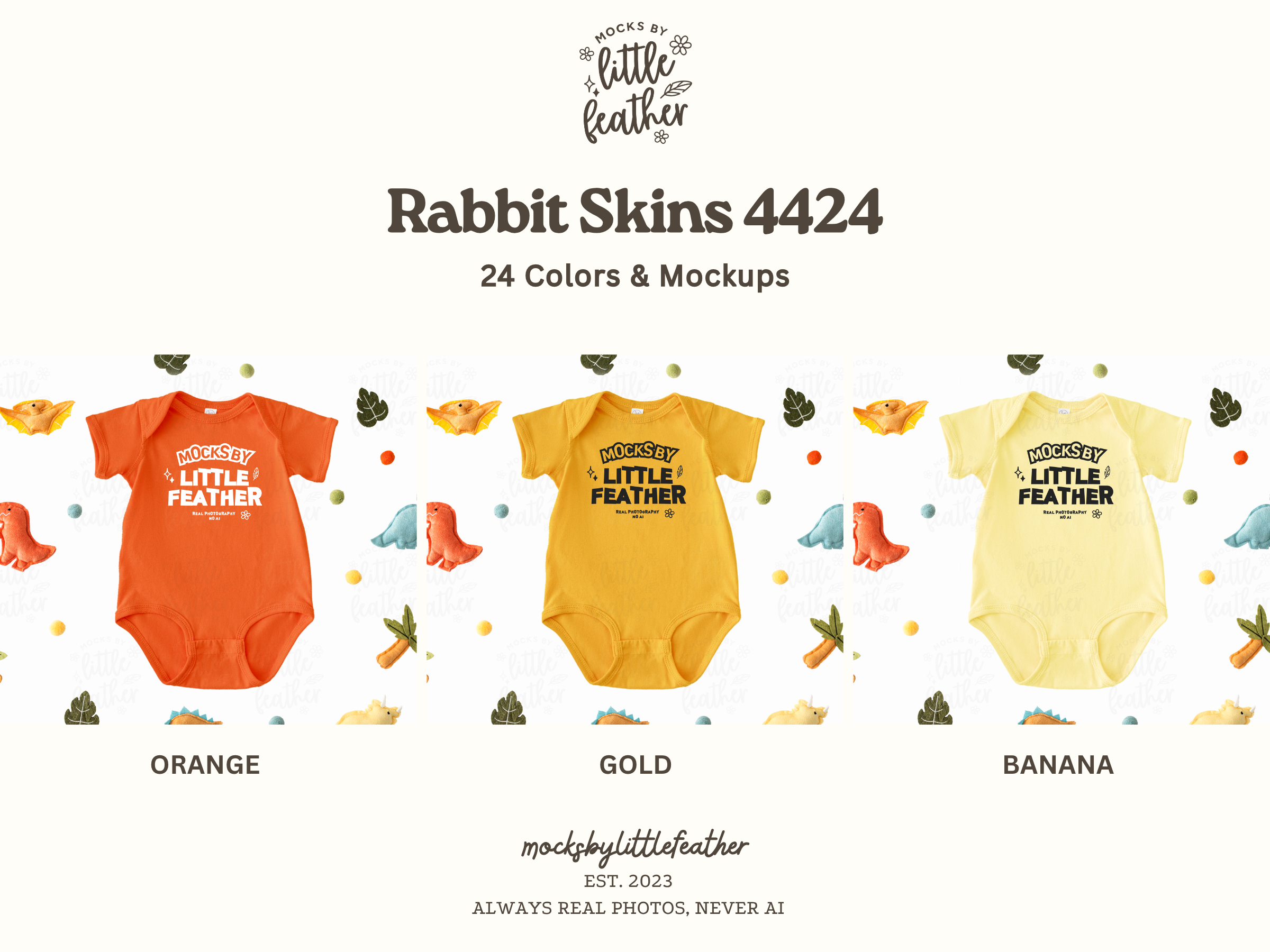 The image is a collection of baby onesies in various colors, including orange, gold, and banana, arranged in a row.