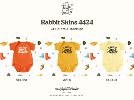 The image is a collection of baby onesies in various colors, including orange, gold, and banana, arranged in a row.