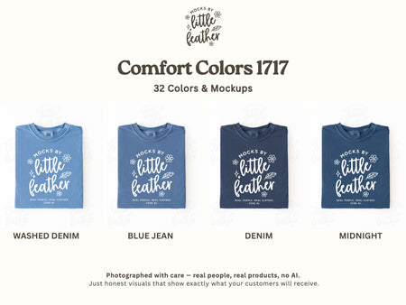 Folded crewneck t-shirts in washed denim, blue jean, denim, and midnight, flat lay