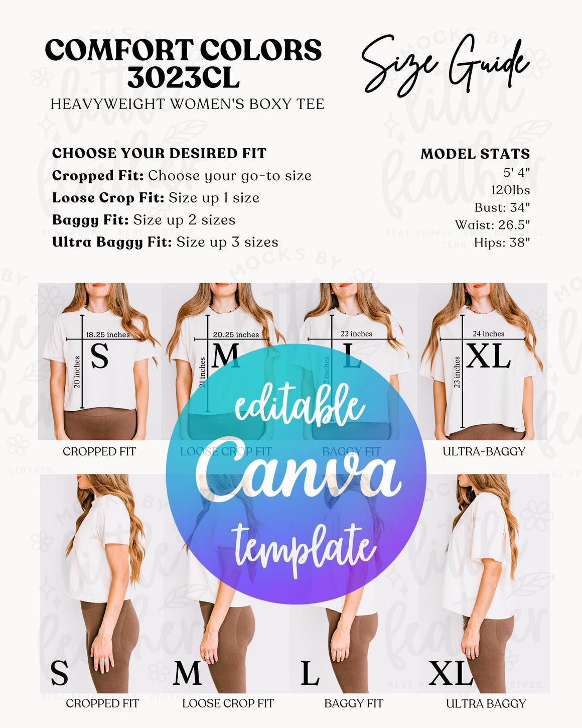Size guide chart for Comfort Colors 3023CL women's boxy tee with fit options