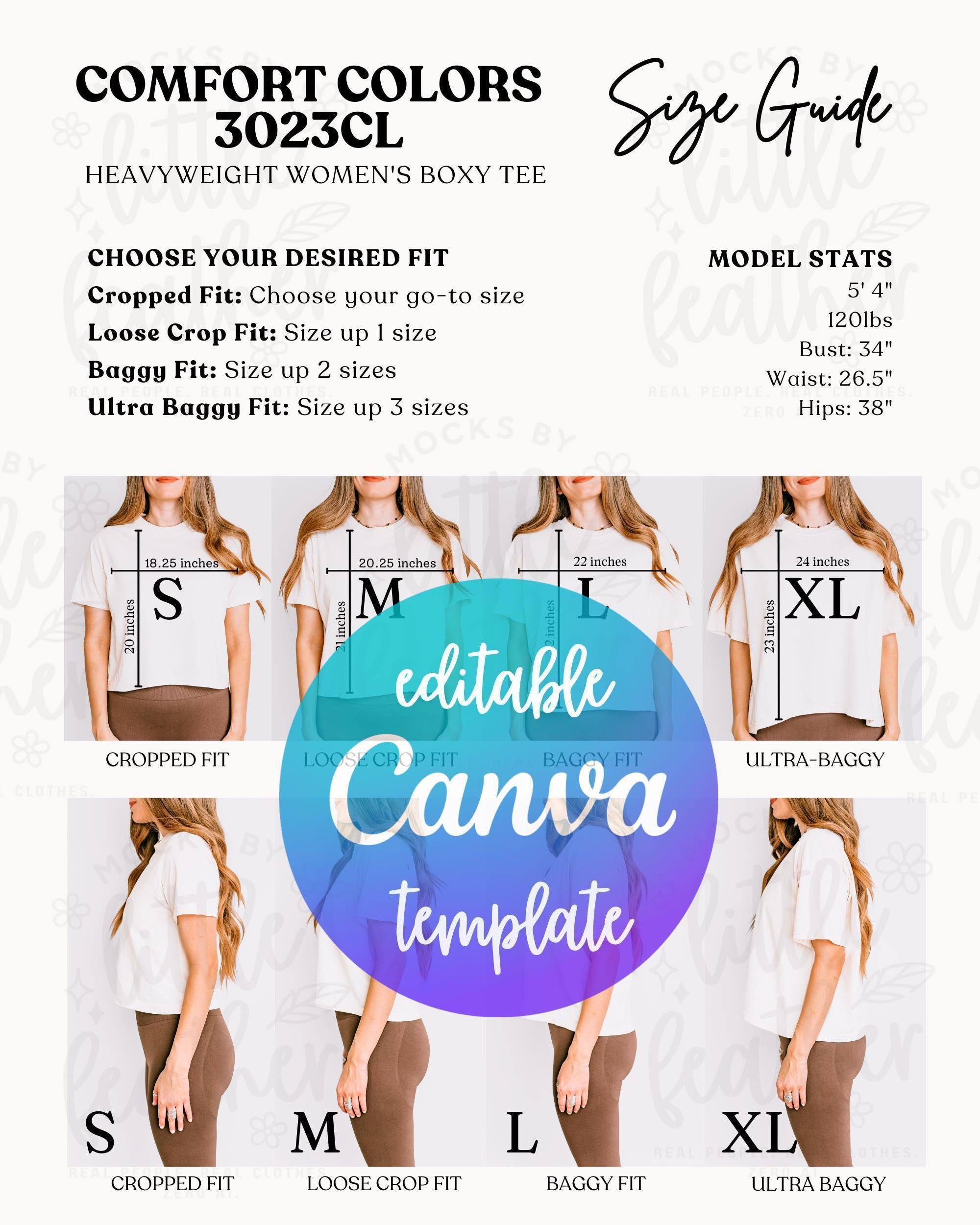 Size guide chart for Comfort Colors 3023CL women's boxy tee with fit options