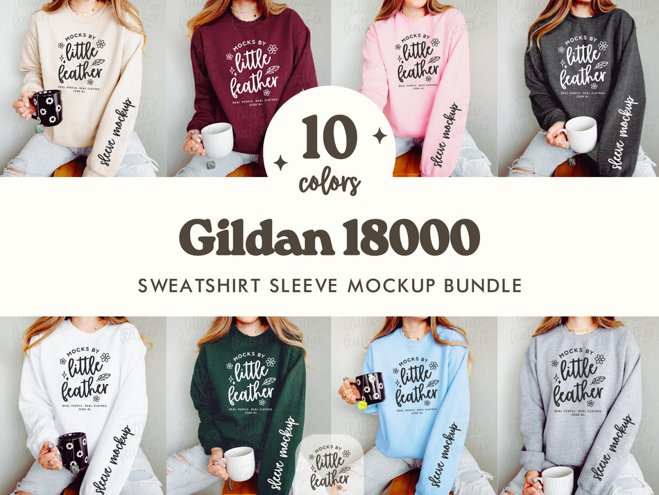 Crewneck sweatshirt sleeve mockup bundle showing multiple colors with graphic front
